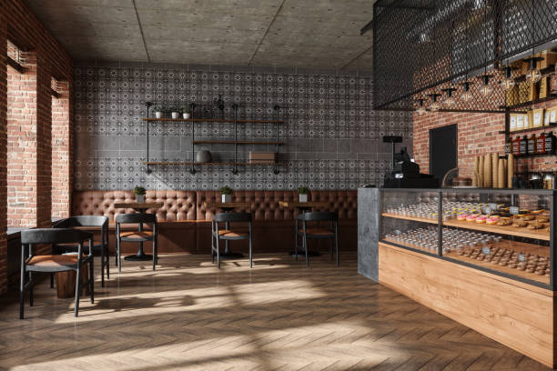 empty coffee shop interior with cake display fridge